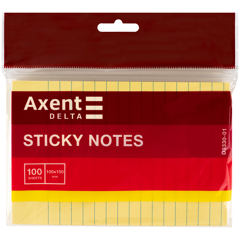 Блок паперу з клейким шаром Axent Delta D3330-01 100x150 мм, 100 аркушів, лінійка, жовтий